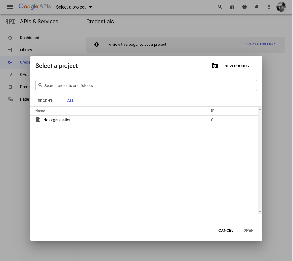 Select a project in the Google Cloud Console