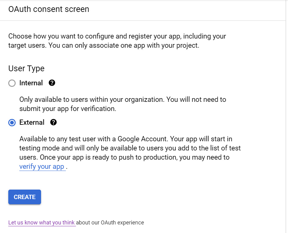 Select external OAuth consent screen